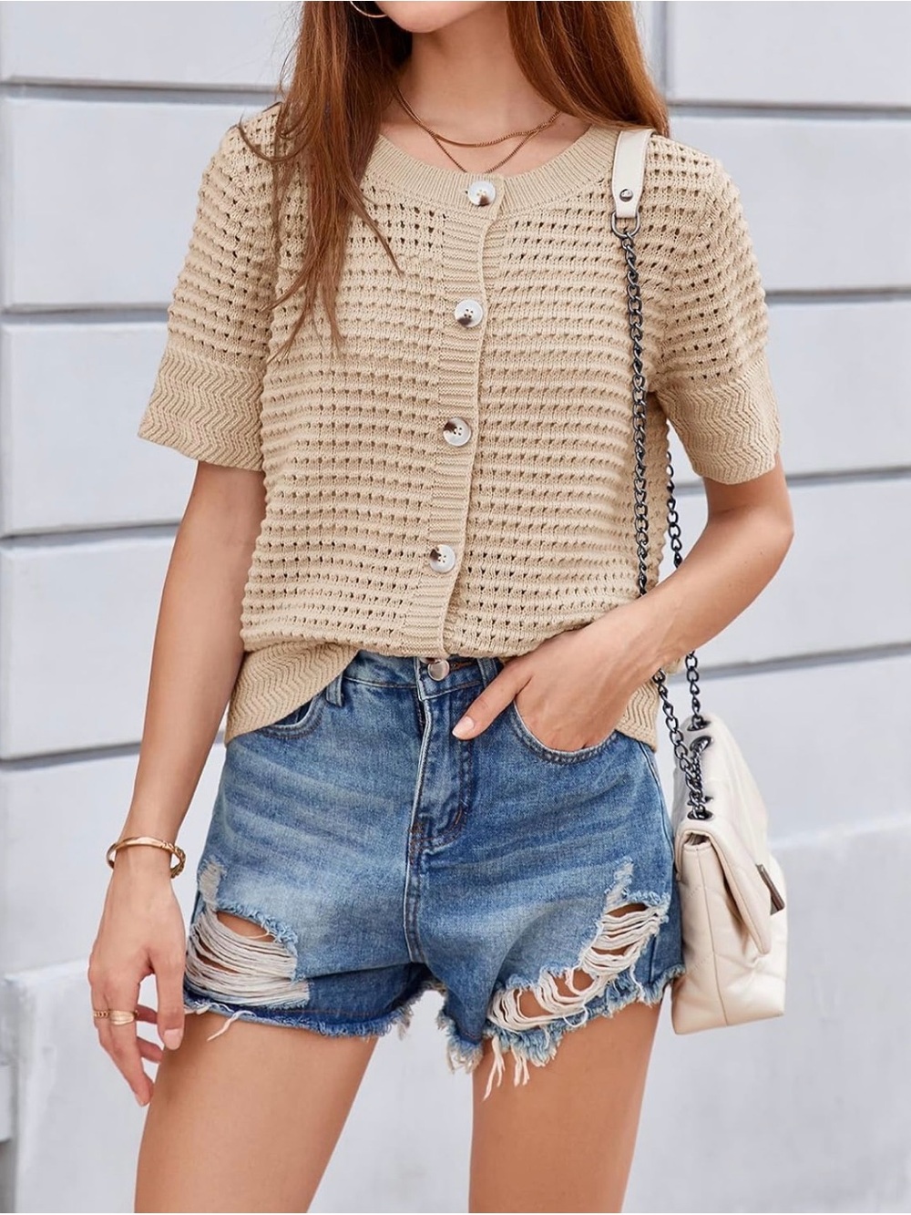 Amazon Essentials Beige Short-Sleeve Button Knit Cardigan